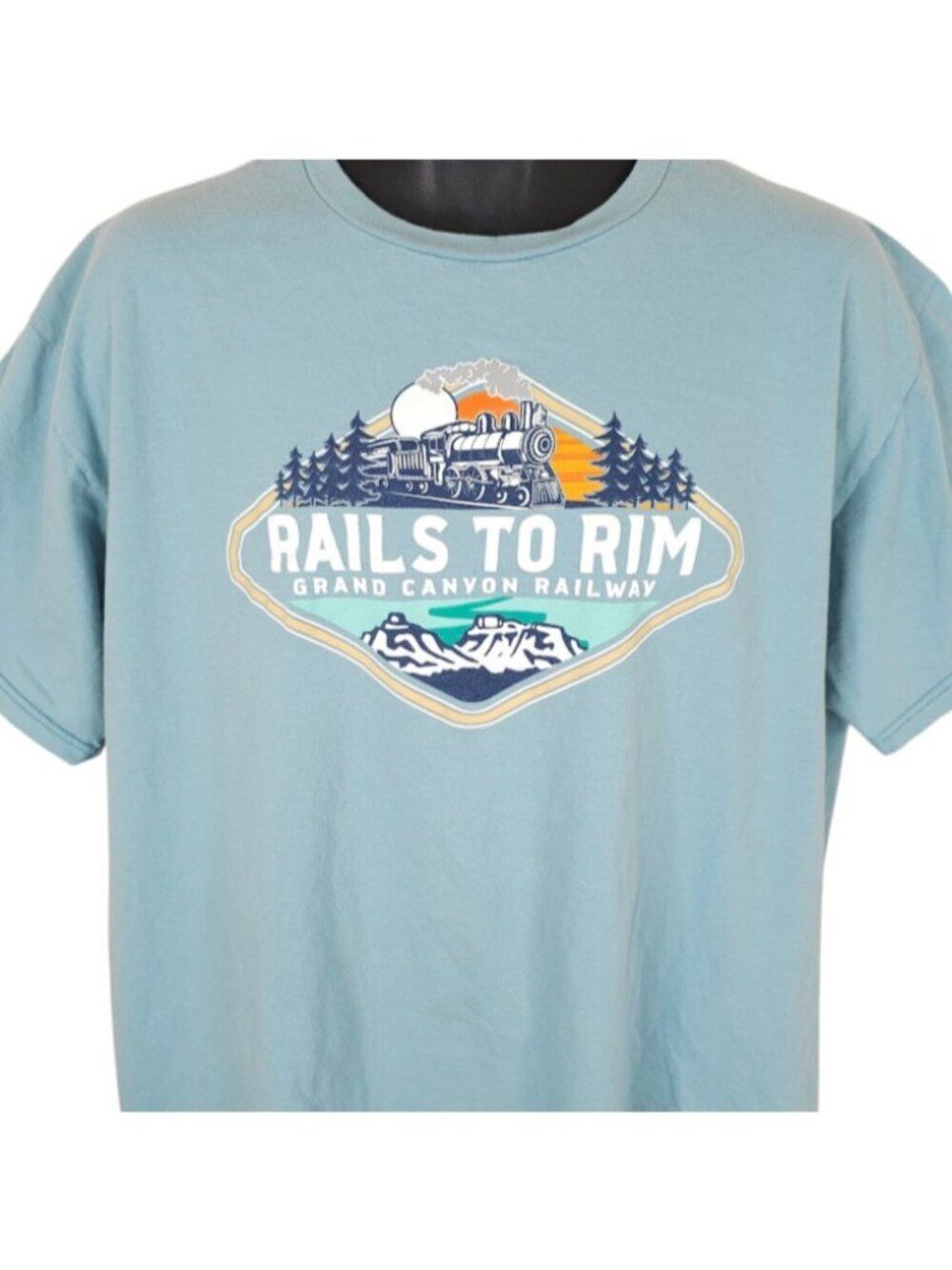 Grand Canyon Railway T Shirt Mens Size 2XL Blue Train Railroad Rails To Rim